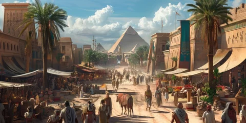 Poster de jardin Vieil immeuble An ancient Egyptian city at the peak of its glory, with pyramids, Sphinx, and bustling markets. Resplendent.