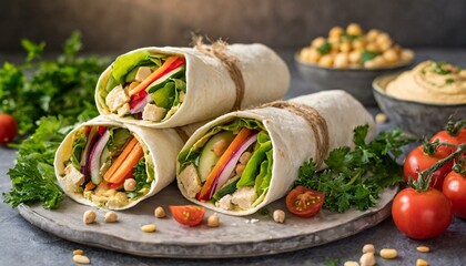 Vegetarian wraps filled with fresh vegetables and hummus.
