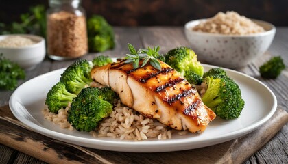 Grilled chicken with broccoli and brown rice on a white plate