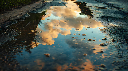 Puddles reflect the sky's moody temperament after rainfall - obrazy, fototapety, plakaty