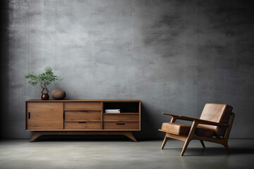 Sleek wooden furniture against industrial backdrop, blank poster frame.
