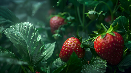 Ripe strawberries peeking out from dense foliage - Powered by Adobe