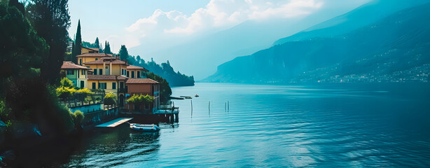 Landscape of a lake with Italian-style houses. - obrazy, fototapety, plakaty