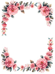 Rectangular square frame, wreath with pink roses and camellia. Design for greeting card, invitation, wedding - 753841677