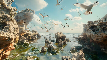 Seagulls soaring over intricate tidal pool formations