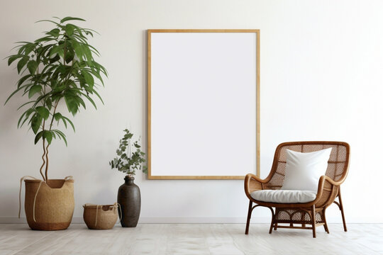 Surrender to the bohemian elegance of a contemporary living room with a wicker chair, floor vases, and a blank mockup poster frame against a clean white backdrop.