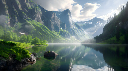 Serene lakes mirroring towering cliffs and verdant slopes