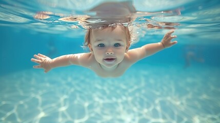 Happiness kid in the water park swimming underwater