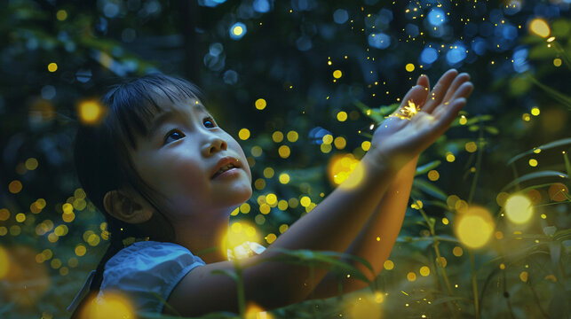 Countless fireflies twinkle like stars in a lush forest illuminating A  child, eyes wide with wonder
