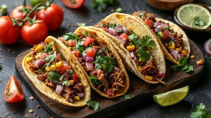 Pulled pork tacos with fresh salsa on wooden board - 753842459