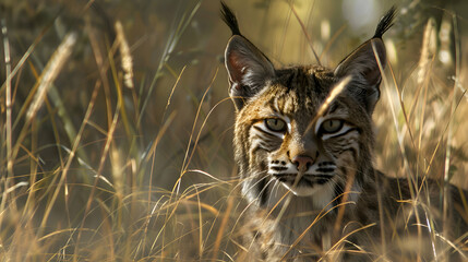 Obraz premium Silent bobcats stalking through tall grass in search of prey