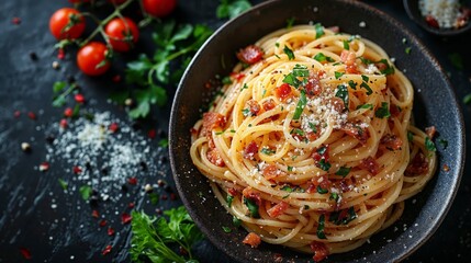 Spaghetti with tomato sauce and parsley in a black bowl - 753842609