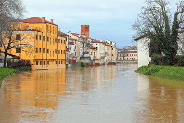 Houses on the banks of the Bacchiglione River at risk of flooding in the city of VICENZA in Italy