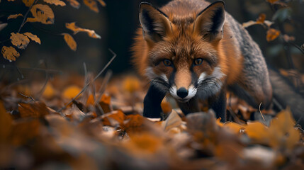 Obraz premium Stealthy fox hunting for prey among rustling leaves