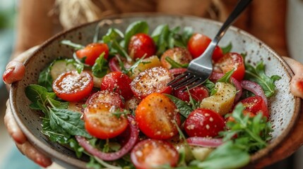 Fresh tomato and arugula salad with onions in a bowl - 753842843