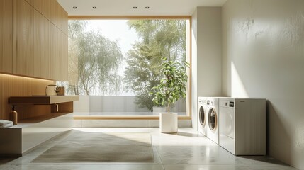 Modern Laundry Room with Nature View. Spacious and bright interior design with large window overlooking greenery. Minimalistic home concept with space for text