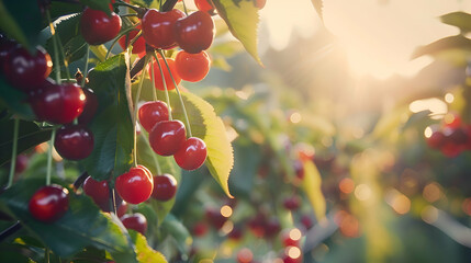 Sun-ripened cherries dangling from tree branches in the orchard