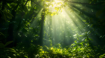 Obraz premium Sunlight filtering through the dense canopy, illuminating a forest floor