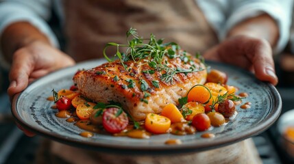 Grilled salmon fillet with vegetables on a plate - 753843041