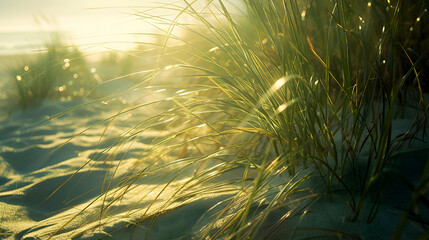 Fototapeta premium Sunlight filtering through swaying beach grasses on dunes