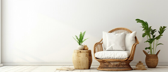 Transform your living room into a sanctuary of boho chic with a wicker chair, floor vases, and a...