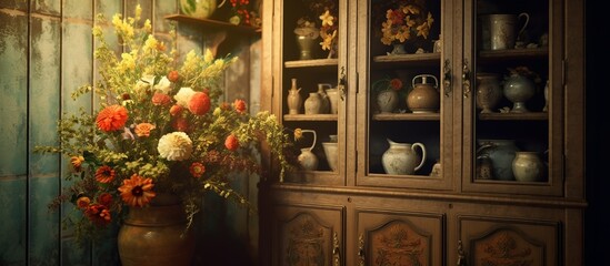 illustration of an antique brown cupboard with carved ornaments of flowers and leaves