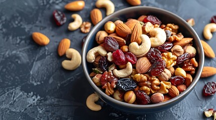 A bowl of mixed nuts and dried fruits for snacking