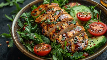 Grilled chicken breast on fresh salad - 753843271
