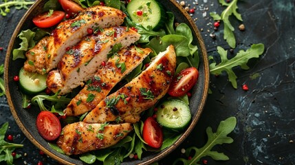 Grilled chicken breast on fresh salad - 753843481