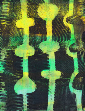 Yellow and green gel printed acrylic abstract with shape detail