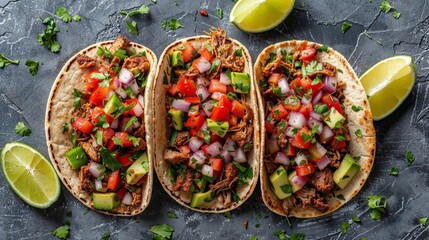 Pulled pork tacos with fresh salsa on wooden board - 753843611