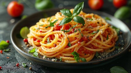 Spaghetti with tomato sauce and parsley in a black bowl - 753843645
