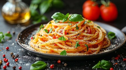 Spaghetti with tomato sauce and parsley in a black bowl - 753843665