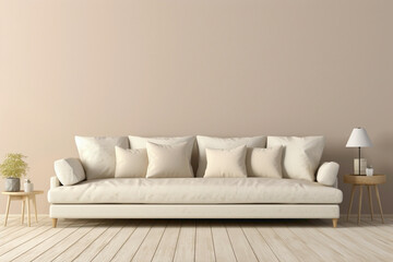 Fototapeta na wymiar Visualize the elegance of a beige and Scandinavian sofa set against a white blank empty frame for copy text, against a soft color wall background.