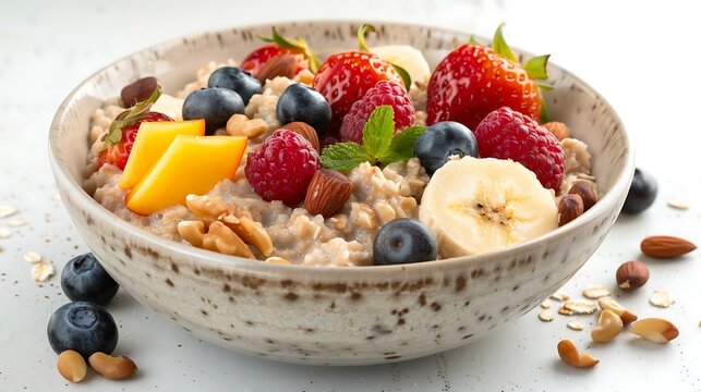 A bowl of hearty oatmeal with fruits and nuts, on white