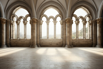 Naklejka premium Old antique building with high columns, view from the inside. Generated by artificial intelligence