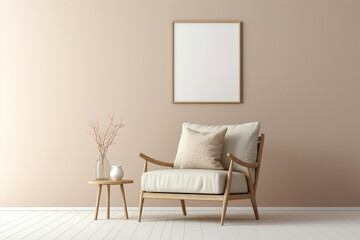Visualize the harmony of a single beige and Scandinavian sofa accompanied by a white blank empty frame for copy text, against a soft color wall background.