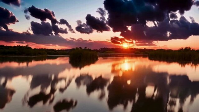 sunset over lake, reflection of sunlight and clouds on the water