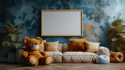 kid room with toys, a teddy bear, plush animal toys, a mint armchair, an umbrella, and cotton balls. Modern interior with eucalyptus background walls, Design interior of childroom.