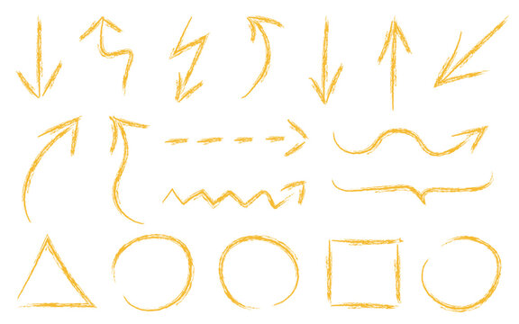 A set of grunge-style yellow arrows. a lot of arrows with different directions, hand draw