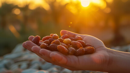 Holding a Heap of Date Fruit Toward Camera. The Food Mostly Eating in Ramadan. Daylight, Close Up Shot.