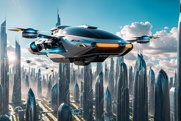 A futuristic city with a white spaceship flying above it