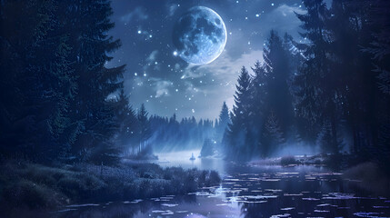 The tranquil beauty of a moonlit forest under stars