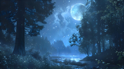 The tranquil beauty of a moonlit forest under stars