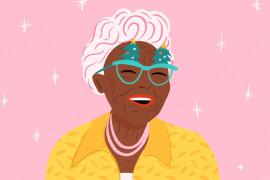 Happy senior black woman christmas portrait illustration