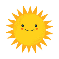 Smiling sun. Happy textured sun with face. Design element for prints, cups, plates, dishes, t-shirts and stickers for kids