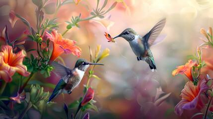 Tiny hummingbirds sipping nectar from vibrant trumpet flowers - obrazy, fototapety, plakaty