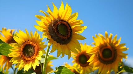 Fototapeta premium Towering sunflowers reaching towards the clear blue summer sky