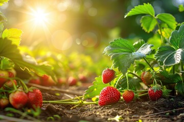 Ripe organic strawberries in the field with sunlights