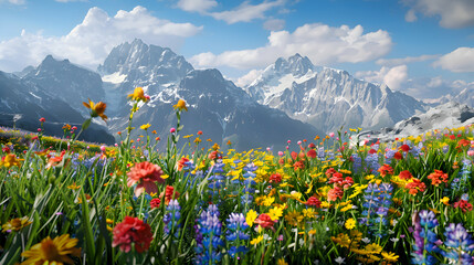 Vibrant wildflowers carpeting alpine meadows beneath azure skies © Muhammad